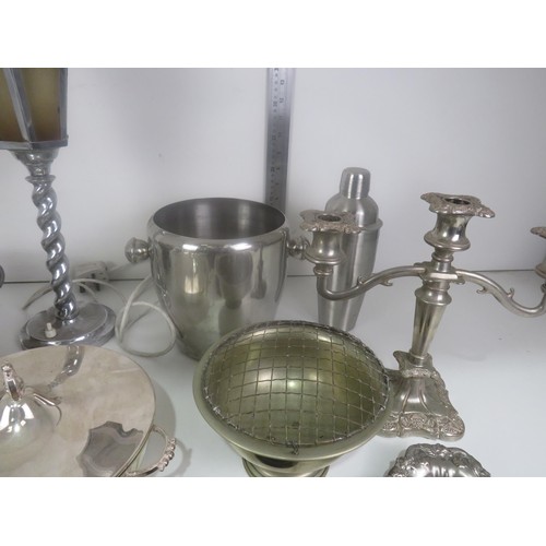 369 - BOX OF METALWARE INCLUDES CANDLEABRA, CRUET SETS, MILKJUG, SUGAR BOWL, ICE BUCKET, COCKTAIL SHAKER e... 