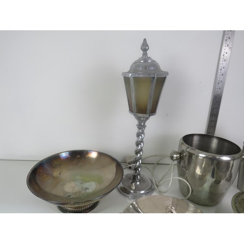 369 - BOX OF METALWARE INCLUDES CANDLEABRA, CRUET SETS, MILKJUG, SUGAR BOWL, ICE BUCKET, COCKTAIL SHAKER e... 