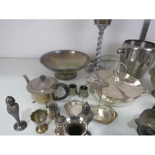 369 - BOX OF METALWARE INCLUDES CANDLEABRA, CRUET SETS, MILKJUG, SUGAR BOWL, ICE BUCKET, COCKTAIL SHAKER e... 