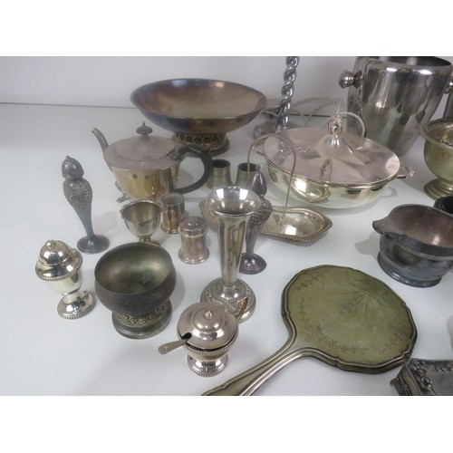 369 - BOX OF METALWARE INCLUDES CANDLEABRA, CRUET SETS, MILKJUG, SUGAR BOWL, ICE BUCKET, COCKTAIL SHAKER e... 