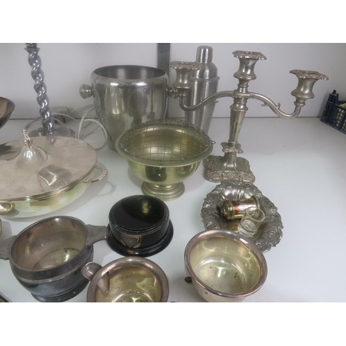 369 - BOX OF METALWARE INCLUDES CANDLEABRA, CRUET SETS, MILKJUG, SUGAR BOWL, ICE BUCKET, COCKTAIL SHAKER e... 