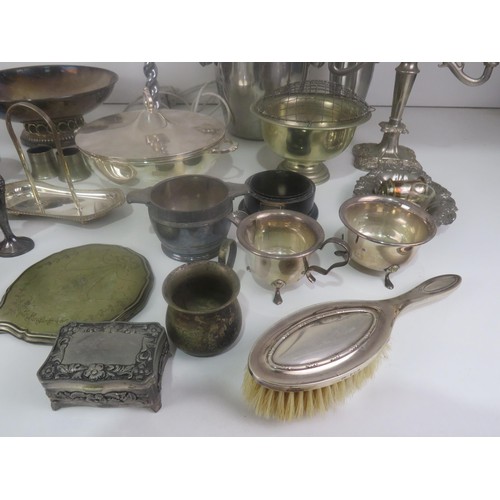 369 - BOX OF METALWARE INCLUDES CANDLEABRA, CRUET SETS, MILKJUG, SUGAR BOWL, ICE BUCKET, COCKTAIL SHAKER e... 