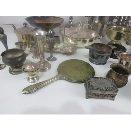 369 - BOX OF METALWARE INCLUDES CANDLEABRA, CRUET SETS, MILKJUG, SUGAR BOWL, ICE BUCKET, COCKTAIL SHAKER e... 