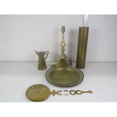 374 - BRASS ITEMS INCLUDES LARGE TRENCH ART SHELL, SKILLET, TRAY