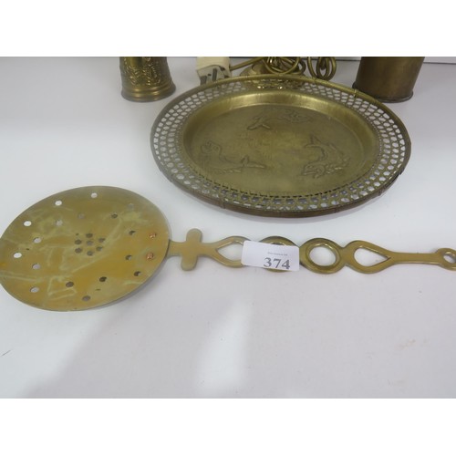 374 - BRASS ITEMS INCLUDES LARGE TRENCH ART SHELL, SKILLET, TRAY