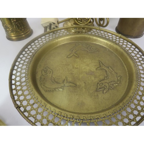 374 - BRASS ITEMS INCLUDES LARGE TRENCH ART SHELL, SKILLET, TRAY