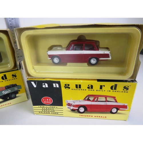 75 - 4 x BOXED VNAGARDS, 1/43 SCALE DIECAST, VW CAMPER, POPULAR 1950'S/60'S SALOON CAR, TRIUMPH HERALD AN... 