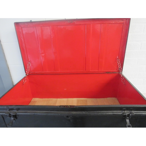 78 - LARGE BLACK METAL HEAVY DUTY TRUNK/ STORAGE BOX ON CASTOR WHEELS