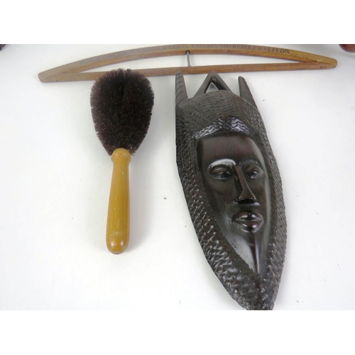 267 - TREEN ITEMS INCLUDES COLLAPSIBLE WOODEN PAISLEY CARVED BASKET, TRIBAL MASK, WALL PLAQUES ETC