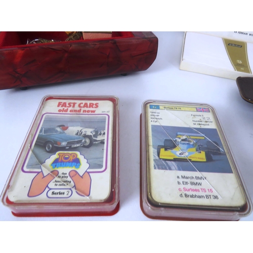 268 - TRAY OF MISCELLANEOUS INCLUDES JEWELLERY, BOXED STRATTON CIGARETTE CASE, TOP TRUMPS etc