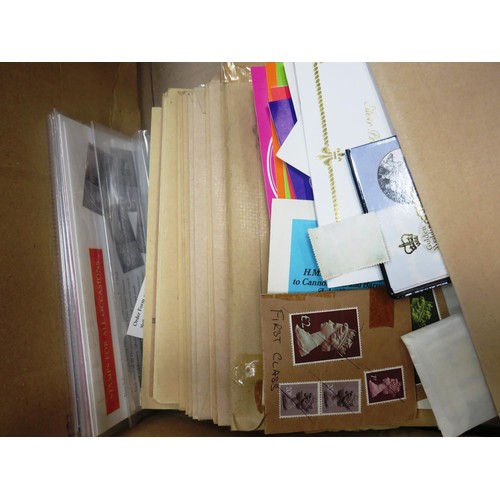 271 - 2 x BOXES FULL OF STAMPS AND 1ST DAY COVERS, LOOSE STAMPS ALBUMS etc