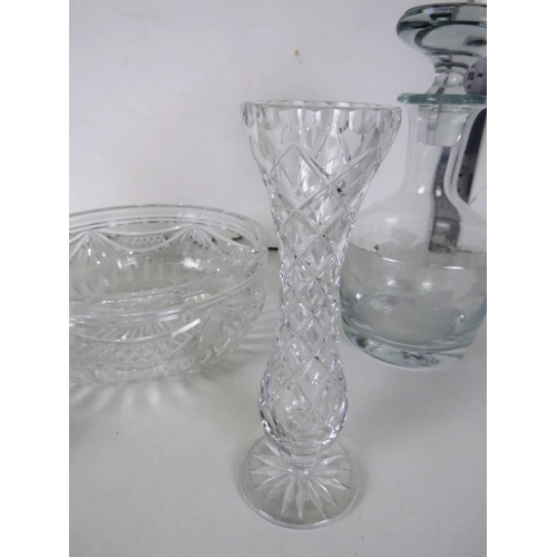 281 - FIVE CUT GLASS CRYSTAL ITEMS INCLUDES DECANTER, VASES, FRUIT BOWL etc