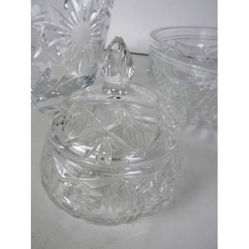 281 - FIVE CUT GLASS CRYSTAL ITEMS INCLUDES DECANTER, VASES, FRUIT BOWL etc