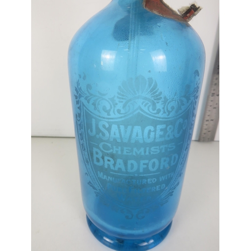 283 - RARE VINTAGE BLUE GLASS ETCHED SAVAGE AND CO CHEMISTS BRADFORD SODA SYPHON BOTTLE 1800'S