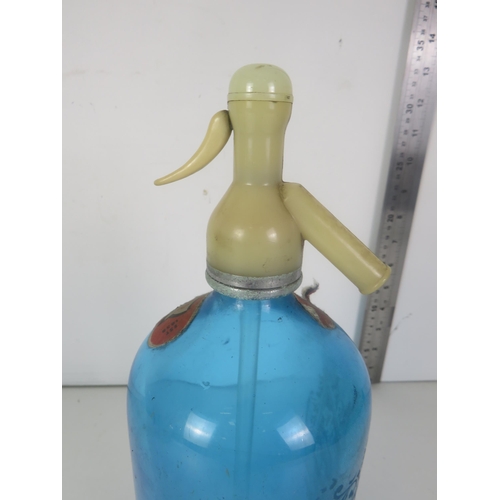 283 - RARE VINTAGE BLUE GLASS ETCHED SAVAGE AND CO CHEMISTS BRADFORD SODA SYPHON BOTTLE 1800'S