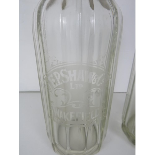 282 - E.P SHAW OF WAKEFIELD EST 1853 2 x VINTAGE GLASS ETCHED SODA SYPHON BOTTLES