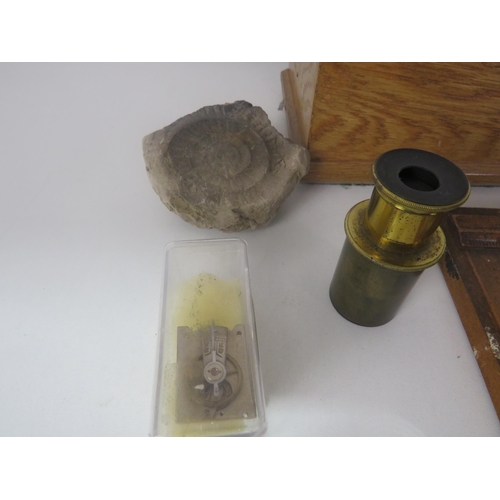 293 - TRAY OF MISCELLANEOUS INCLUDES AMMONITE FOSSILS, THE JAYNAY PAPER TRIMMER, BINOCULARS ETC