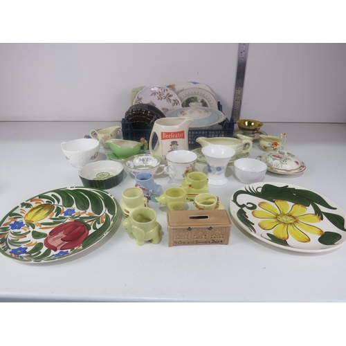 295 - 3 x TRAYS OF CERAMICS INCLUDES MINTON, COALPORT, WADE, LIMOGES AND CLARICE CLIFF GRAVY BOAT AND SAUC... 