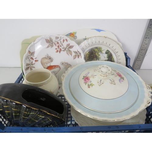 295 - 3 x TRAYS OF CERAMICS INCLUDES MINTON, COALPORT, WADE, LIMOGES AND CLARICE CLIFF GRAVY BOAT AND SAUC... 