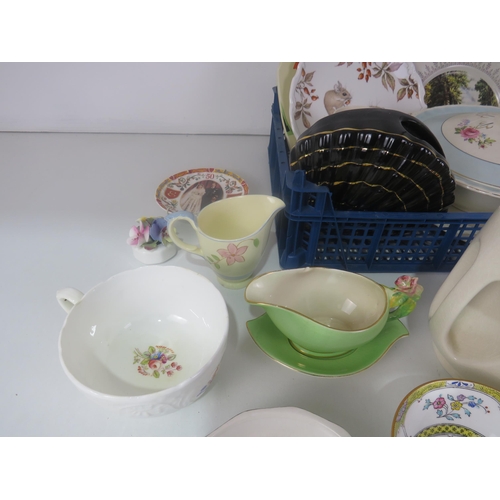 295 - 3 x TRAYS OF CERAMICS INCLUDES MINTON, COALPORT, WADE, LIMOGES AND CLARICE CLIFF GRAVY BOAT AND SAUC... 