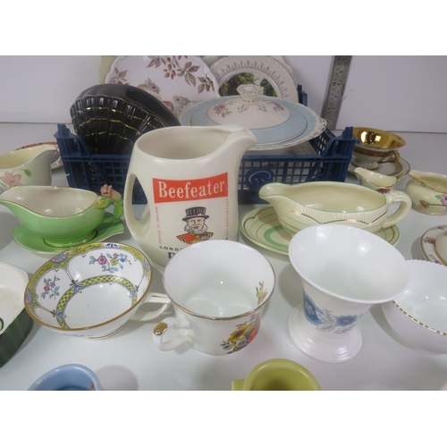 295 - 3 x TRAYS OF CERAMICS INCLUDES MINTON, COALPORT, WADE, LIMOGES AND CLARICE CLIFF GRAVY BOAT AND SAUC... 