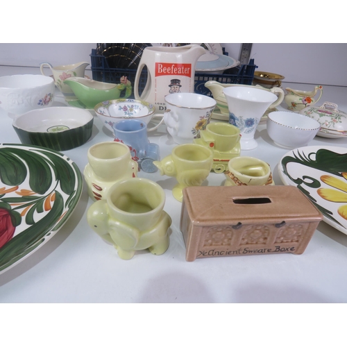 295 - 3 x TRAYS OF CERAMICS INCLUDES MINTON, COALPORT, WADE, LIMOGES AND CLARICE CLIFF GRAVY BOAT AND SAUC... 