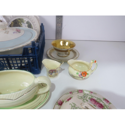 295 - 3 x TRAYS OF CERAMICS INCLUDES MINTON, COALPORT, WADE, LIMOGES AND CLARICE CLIFF GRAVY BOAT AND SAUC... 