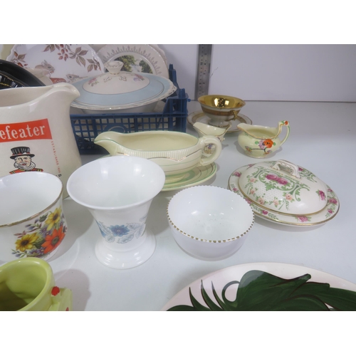 295 - 3 x TRAYS OF CERAMICS INCLUDES MINTON, COALPORT, WADE, LIMOGES AND CLARICE CLIFF GRAVY BOAT AND SAUC... 