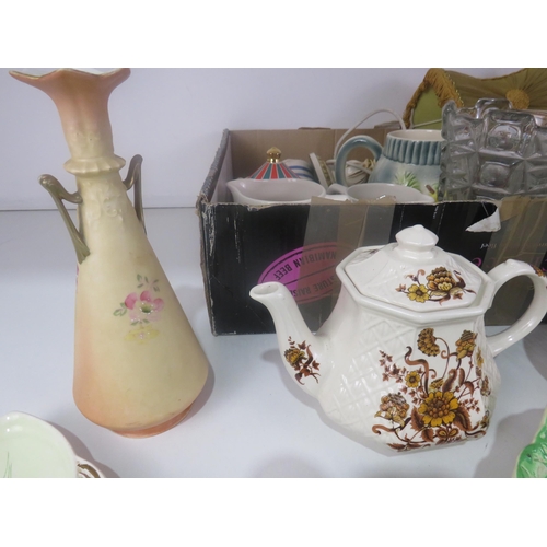 296 - TWO LARGE BOXES OF CERAMICS INCLUDING GLASSWARE, LAMP, TEAPOTS, JUGS, VASES ETC