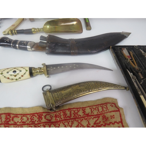 298 - TRAY OF COLLECTABLES INCLUDES KUKRI KNIVES, SHARP CALCULATOR COMPASS SET, CUT THROAT RAZOR ETC