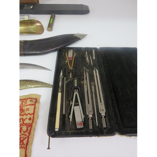 298 - TRAY OF COLLECTABLES INCLUDES KUKRI KNIVES, SHARP CALCULATOR COMPASS SET, CUT THROAT RAZOR ETC