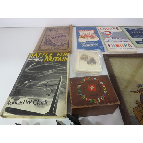 299 - TWO TRAYS OF MISCELLANEOUS EPHEMERA & COLLECTABLES INCLUDES BOOKS, MAPS, HMS CAP RIBBONS, TEENAGE MU... 