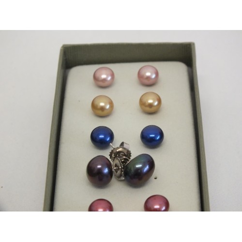 177 - 8 x PAIRS OF STERLING SILVER FANCY COLOUR REAL PEARL EARRINGS- ALL UNWORN