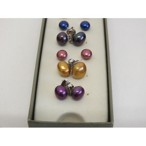 177 - 8 x PAIRS OF STERLING SILVER FANCY COLOUR REAL PEARL EARRINGS- ALL UNWORN