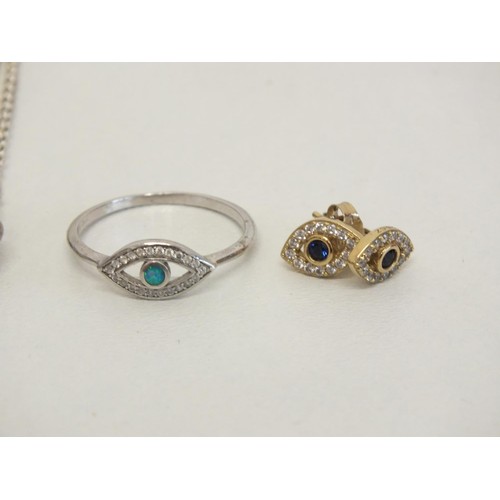 180 - STERLING SILVER EVIL EYE RING, PENDANT AND UNWORON EARRINGS