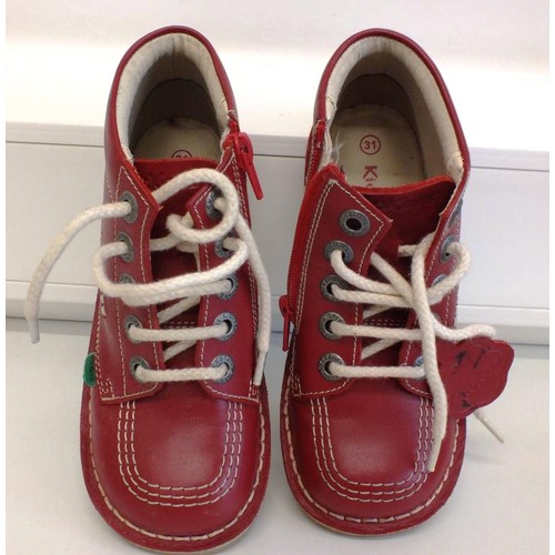 227 - 2 PAIRS OF CHILDRENS RED LEATHER KICKER ANKLE BOOTS SIZES 24 & 31 - BOTH IN AS NEW CONDITION