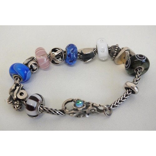 233 - GENUINE TROLLBEADS SILVER BRACELET WITH 13 TROLLBEADS SILVER BEADS and CHARMS