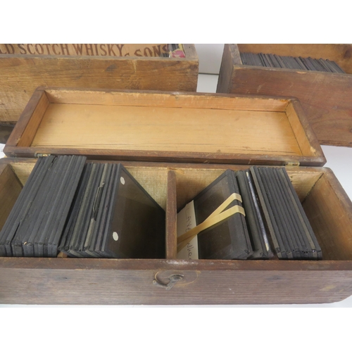 335 - 3 x OLD WOODEN BOXES INCLUDES WHISKY BOXES FULL OF LANTERN SLIDES INCLUDES BOXED SETS OF COLOUR SLID... 