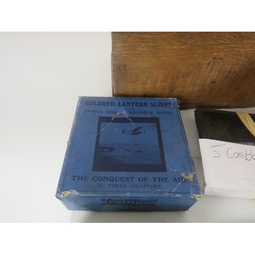 335 - 3 x OLD WOODEN BOXES INCLUDES WHISKY BOXES FULL OF LANTERN SLIDES INCLUDES BOXED SETS OF COLOUR SLID... 