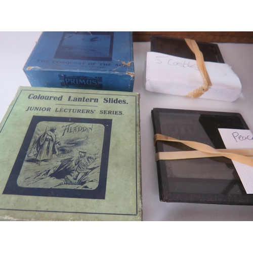 335 - 3 x OLD WOODEN BOXES INCLUDES WHISKY BOXES FULL OF LANTERN SLIDES INCLUDES BOXED SETS OF COLOUR SLID... 