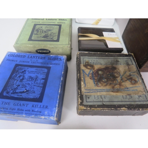 335 - 3 x OLD WOODEN BOXES INCLUDES WHISKY BOXES FULL OF LANTERN SLIDES INCLUDES BOXED SETS OF COLOUR SLID... 