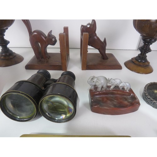 336 - TRAY OF MISCELLANEOUS INCLUDES ANTIQUE BINOCULARS, BOOKENDS, COCONUT CUPS ETC