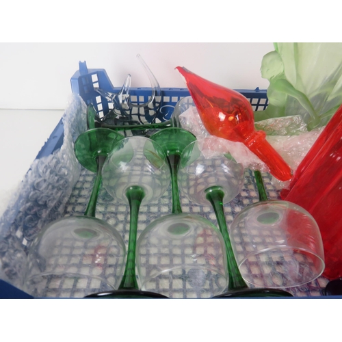 341 - TWO TRAYS OF GLASSWARE AND CERAMICS INCLUDES KSP BRACKEN JUGS SET OF SIX GREEN STEM GLASSES ETC