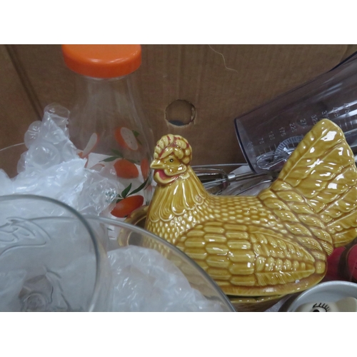 342 - TWO BOXES OF KITCHENALIA AND CERAMICS INCLUDES DENBY, CERAMIC CHICKEN EGG BASKET ETC