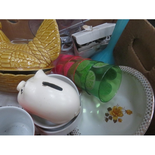 342 - TWO BOXES OF KITCHENALIA AND CERAMICS INCLUDES DENBY, CERAMIC CHICKEN EGG BASKET ETC