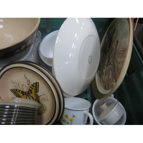 342 - TWO BOXES OF KITCHENALIA AND CERAMICS INCLUDES DENBY, CERAMIC CHICKEN EGG BASKET ETC