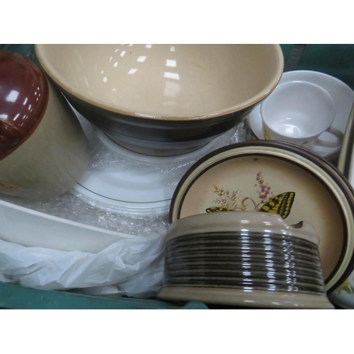 342 - TWO BOXES OF KITCHENALIA AND CERAMICS INCLUDES DENBY, CERAMIC CHICKEN EGG BASKET ETC