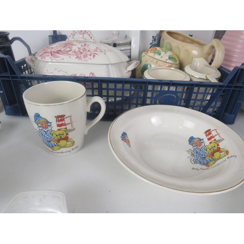 345 - TWO TRAYS OF COLLECTABLES CERAMICS INCLUDES ART NOUVEAU TILES, ANDY PANDY, CUP AND BOWL, ROYAL DOULT... 