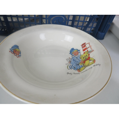 345 - TWO TRAYS OF COLLECTABLES CERAMICS INCLUDES ART NOUVEAU TILES, ANDY PANDY, CUP AND BOWL, ROYAL DOULT... 