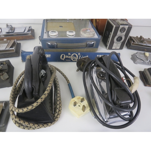 353 - LARGE TRAY FULL OF MISCELLANEOUS INCLUDES CAMERAS AN ACCESSORIES, TRAVEL IRONS, PYE RADIO, FILM SPLI... 